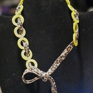 Leopard Print Tie Necklace Choker with Lime Green Resin Rings